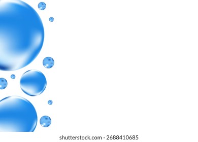Cute light blue 3D scattered water bubbles, fluid serum droplets isolated on transparent background. Aesthetic composition for cosmetology presentation, beauty science, skin care molecular concept.