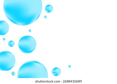 Cute light blue 3D scattered water bubbles, fluid serum droplets isolated on transparent background. Aesthetic composition for cosmetology presentation, beauty science, skin care molecular concept.