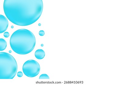 Cute light blue 3D scattered water bubbles, fluid serum droplets isolated on transparent background. Aesthetic composition for cosmetology presentation, beauty science, skin care molecular concept.
