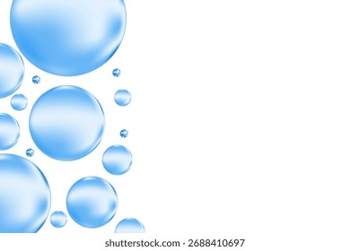 Cute light blue 3D scattered water bubbles, fluid serum droplets isolated on transparent background. Aesthetic composition for cosmetology presentation, beauty science, skin care molecular concept.