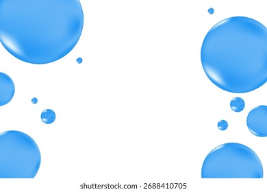 Cute light blue 3D scattered water bubbles, fluid serum droplets isolated on transparent background. Aesthetic composition for cosmetology presentation, beauty science, skin care molecular concept.