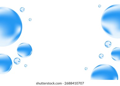 Niedliche hellblaue 3D-Wasserblasen, flüssige Serumtröpfchen einzeln auf transparentem Hintergrund. Ästhetische Komposition für die Präsentation der Kosmetologie, Schönheitswissenschaft, molekulares Konzept der Hautpflege.