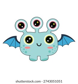 Cute Light Blue Alien Monster with Five Eyes and Wings Vector Illustration for Kids Character