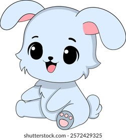 A cute light blue baby bunny with big black eyes, pink inner ears, and a cheerful expression sitting in a playful pose