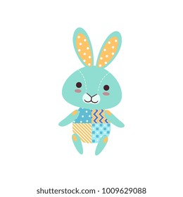 Cute light blue bunny soft plush toy, stuffed cartoon animal vector Illustration