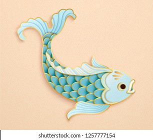 Cute light blue fish in paper art style with beautiful scales