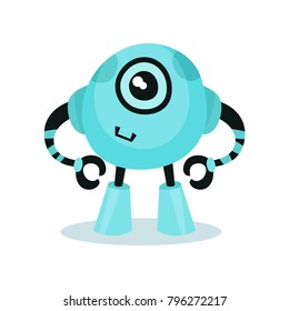 Cute light blue friendly robot, artificial intelligence cartoon vector Illustration