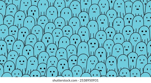 Lindo fantasma azul claro doodle fondo sin fisuras patrón con diferentes expresiones faciales, sonrisa, triste, decepcionado, feliz, riendo, sorprendido. Para halloween, horror, envoltura de regalo