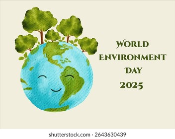 Cute Light Blue Globe with Green Tree Watercolor Illustration Poster for World Environment Day