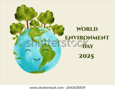 Cute Light Blue Globe with Green Tree Watercolor Illustration Poster for World Environment Day