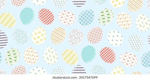 Cute light blue Happy Easter seamless pattern with colorful decorated eggs for spring holiday textile design, wrapping paper, greeting cards decor