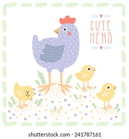 Cute light blue hen with baby chickens vector background and card