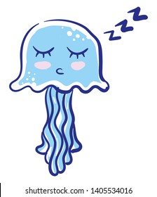 A cute light blue jellyfish floating and sleeping, vector, color drawing or illustration. 