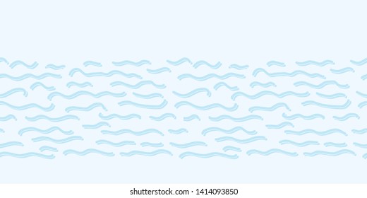 Cute light blue ocean waves cartoon seamless vector border. Hand drawn seaside splash tile. All over print for seafaring blog, nautical graphic, rough tide home decor.