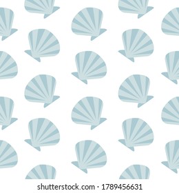 Cute light blue seashell hand drawn illustration seamless patterm  on white background for greeting card, fashion print and wrapping paper