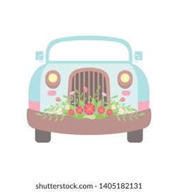 Cute Light Blue Vintage Car Decorated with Flowers, Wedding Retro Auto, Front View Vector Illustration