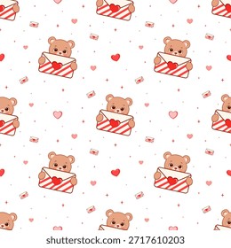 Un lindo oso marrón claro con grandes ojos redondos sostiene un sobre sobre sobre un fondo blanco con corazones rosas y rojos. Este Pequeño sobre es perfecto para un tema de San Valentín, tarjetas de amor, o como regalos para los niños.