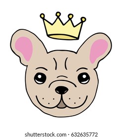 Cute light brown, beige French Bulldog vector illustration drawing with crown on the top. French Bulldog head, face.