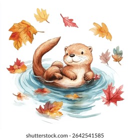 A cute, light brown otter floats in blue water, surrounded by colorful autumn leaves. The otter has a happy expression and is lying on its back.