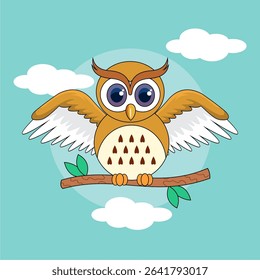 cute light brown owl perched on a branch with flapping blue back wings