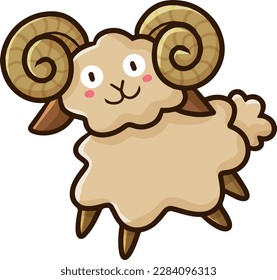 Cute light brown sheep with rounded horn cartoon illustration