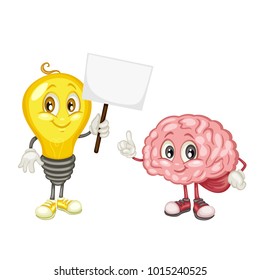 Cute Light Bulb and Brain Characters Holding Text Banners. Idea Bulb. Human Brain. Smart Mascot Vector Illustrations