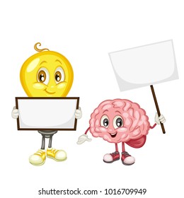 Cute Light Bulb and Brain Characters Holding Text Banners. Idea Bulb. Human Brain. Smart Mascot Vector Illustrations