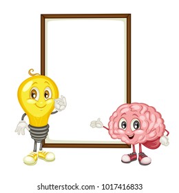 Cute Light Bulb and Brain Characters Standing By Text Banner. Idea Bulb. Human Brain. Smart Mascot Vector Illustrations