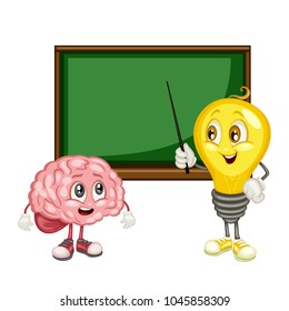 Cute Light Bulb and Brain Characters Standing By Blackboard. Idea Bulb. Human Brain. Smart Mascot Vector Illustrations
