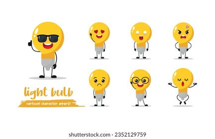 cute light bulb cartoon with many expressions. lamp different activity pose vector illustration flat design set with sunglasses.