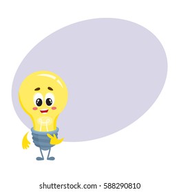 Cute light bulb character with funny face, showing thumb at themselves, cartoon vector illustration with place for text. Funny light bulb character standing with thumb at themselves