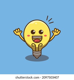 Cute Light Bulb Character With Happy Expression. Vector Illustration Of Light Bulb With Cartoon Style. Suitable For Stickers, Web Landing Pages, Flyers, Mascots, Icons, Stationery And More.