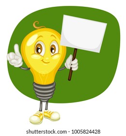 Cute Light Bulb Character. Idea Bulb Holding Banner for Text. Smart Mascot Vector Illustration