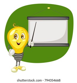 Cute Light Bulb Character. Idea Bulb Standing By Whiteboard with Pointer. Smart Mascot Vector Illustration