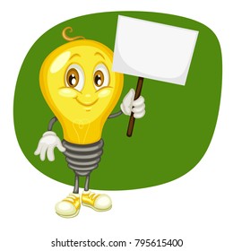 Cute Light Bulb Character. Idea Bulb Holding Banner for Text. Smart Mascot Vector Illustration