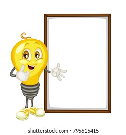 Cute Light Bulb Character Standing By Text Banner. Idea Bulb. Smart Mascot Vector Illustration