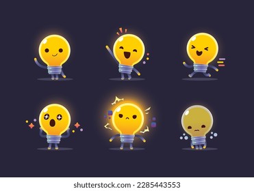 Cute light bulb character stickers illustration with various happy expression activity mascot collection set