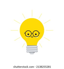 Cute Light Bulb In Eyeglasses Clever Funny Cartoon Vector Character. Flat Design Kawaii Electric Lamp Emoji With Face Illustration Isolated On White Background. Lightbulb Mascot.