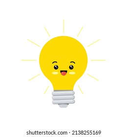 Cute light bulb faq smile and laugh funny cartoon vector character. Flat design kawaii electric lamp emoji with face illustration isolated on white background. Lightbulb idea mascot.