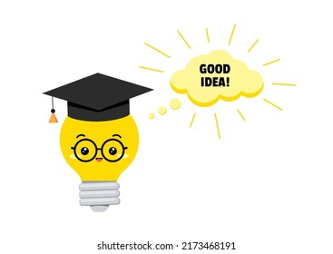 Cute light bulb and good idea text in speach bubble. Note with lightbulb in graduation cap and word good idea. Simple template vector illustration for innovation and creativity think