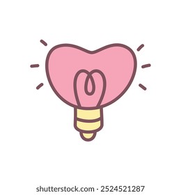 Cute light bulb icon. Hand drawn illustration of a heart-shaped electric lamp isolated on a white background. Kawaii St. Valentine day sticker. Vector 10 EPS.