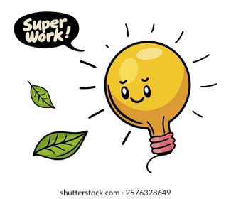 Cute light bulb smile and funny cartoon character. Flat design kawaii electric lamp emoji with face illustration isolated on white background. Vector