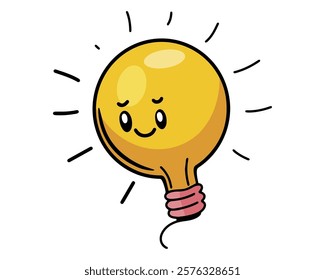 Cute light bulb smile and funny cartoon character. Flat design kawaii electric lamp emoji with face illustration isolated on white background. Vector