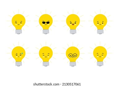 Cute light bulb smile and sad funny cartoon character vector set. Flat design kawaii electric lamp emoji with face illustration isolated on white background. Lightbulb mascot collection.