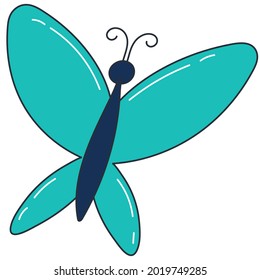 cute light butterfly with blue wings, color vector element in flat style with outline