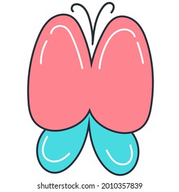 cute light butterfly with pink and blue wings, color vector element in flat style with outline