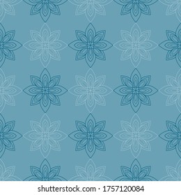 Cute light and dark mandala flowers on calm blue background. Seamless abstract doodle pattern.