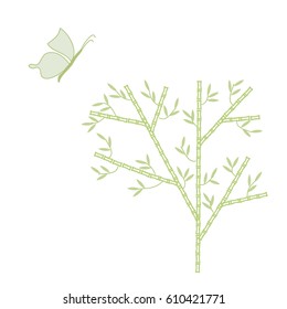 Cute Light Green Bamboo Tree with Butterfly on the Left on the White Background