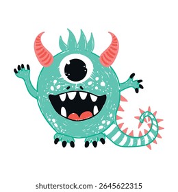 Cute light green monster, hand-drawn with a felt-tip pen, vector