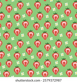 Cute light green seamless pattern with strawberries. Pastel textile design.